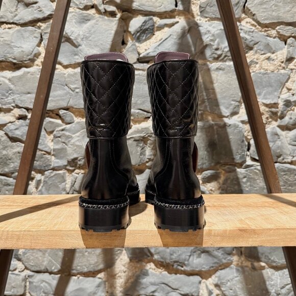 Chanel Glossy Black Pearl Chain CC Embellished Combat Boots - Picture 5 of 14